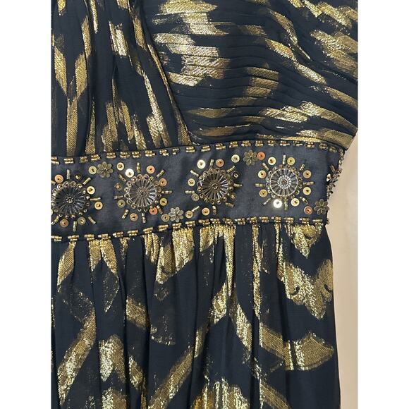 Oleg Cassini Black & Gold Silk Blend Maxi Dress with Beaded Waist Size 4 - Picture 6 of 11